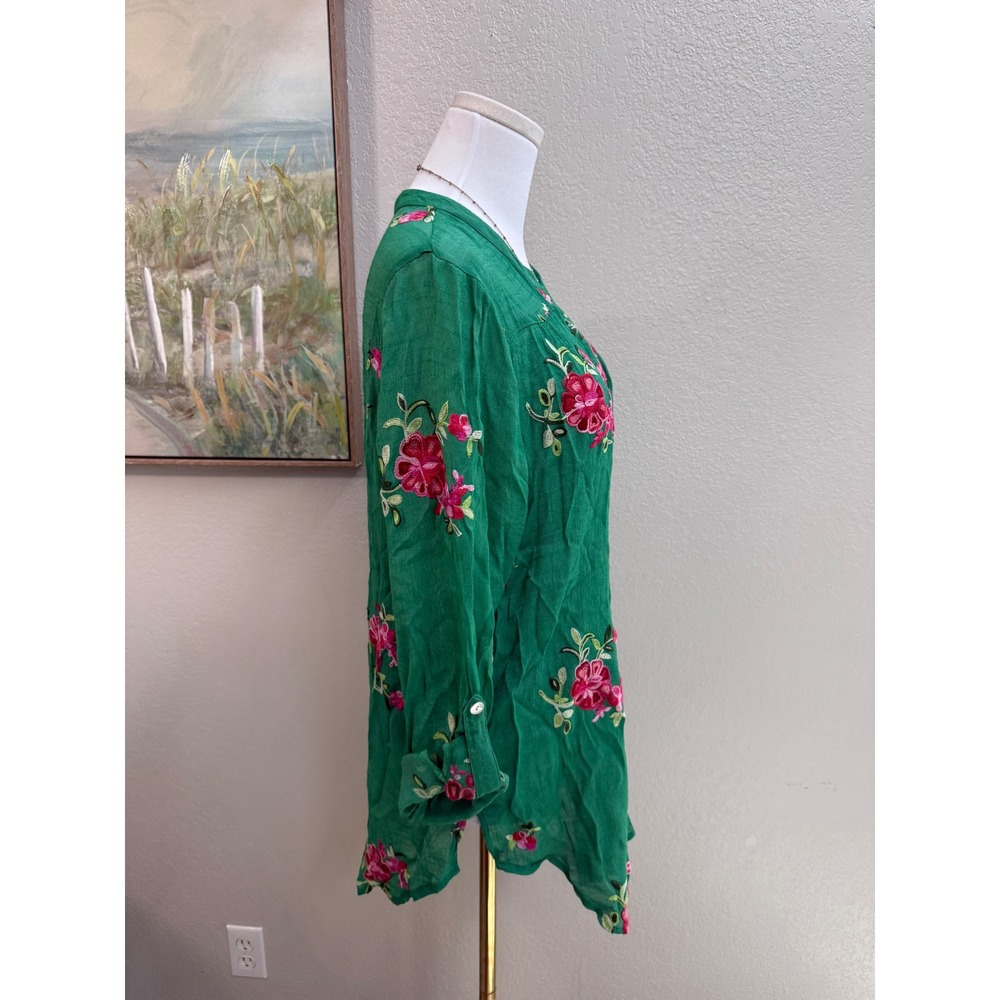Green Floral Embroidered Button Down Blouse XL - Picture 2 of 7